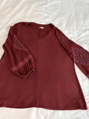 Maurices Burgundy V‑Neck Long Sleeve Top with Crochet Panels